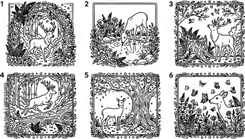 Detailed line art set featuring six unique deer scenes including standing feeding drinking and jumping poses surrounded by floral forest elements decorative borders and natural wildlife accents