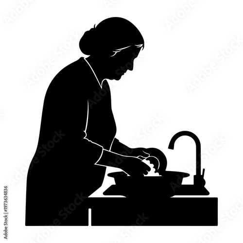 A woman washing dishes at a kitchen sink, vector illustration