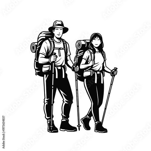 Black and white illustration of a man and woman hiking with backpacks and trekking poles