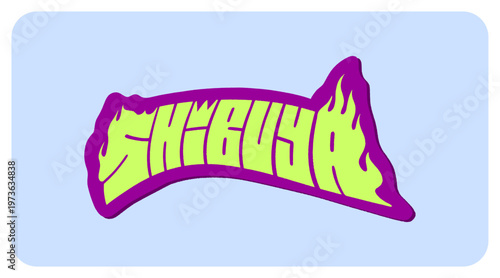 Shibuya Tokyo Written in Bold Graffiti Tag Sticker Style with Vibrant Purple and Yellow Block Lettering for Urban Streetwear and Souvenir Design