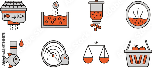 Aquaponics system with fish tanks and plants in orange and gray