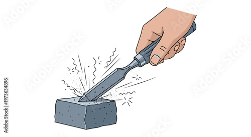 Precise hand grips a sharp metal chisel striking a solid grey stone block creating flying debris and sparks in a minimalist design with neutral coloring.