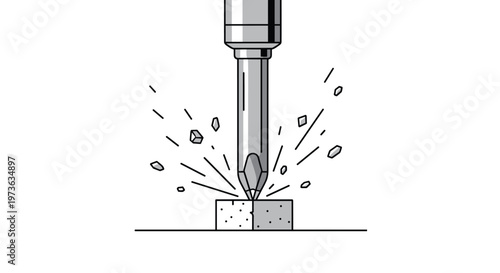 Industrial drill bit forcefully pierces a solid concrete block generating flying dust and fragments in a clean monochrome graphic style with sharp lines.