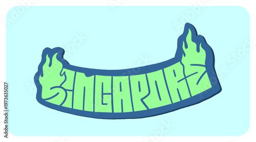Singapore City Written in Bold Graffiti Tag Sticker Style with Vibrant Green and Blue Block Lettering for Urban Streetwear and Souvenir Design
