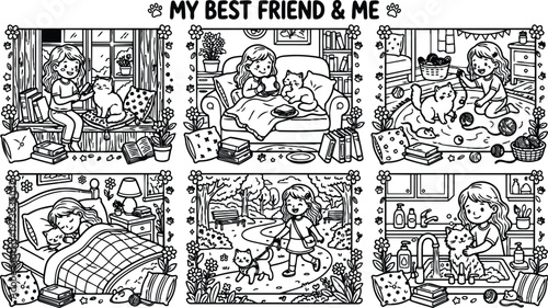 Black and white vector art of a smiling girl playing and caring for her fluffy cat throughout daily activities indoors and outdoors in detailed line drawing style