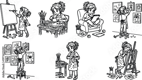 Hand drawn vector art of young girl painting on easel mixing colors drawing sketches sitting on armchair and hanging framed artwork on wall in creative black and white line art style