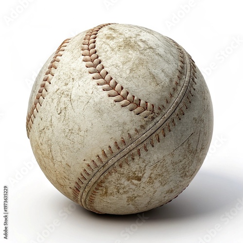 Worn polo ball isolated on white background scuffed surface realistic sports detail soft shadow studio lighting.