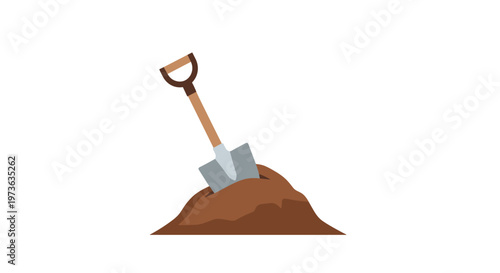 A single metal shovel with a sturdy wooden handle rests upright inside a small mound of brown earth within a clean white space for simple construction art.