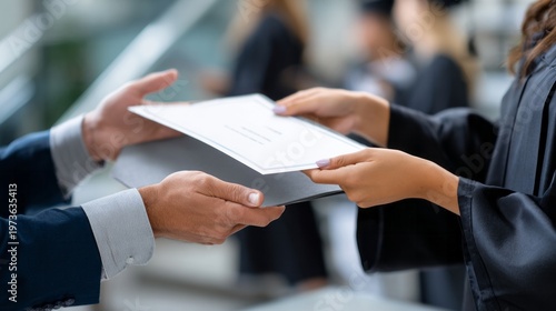 Graduate's hands receiving a diploma from an academic in a suit, symbolizing educational achievement and success