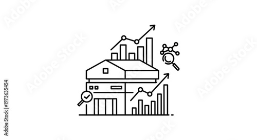 Business growth analysis with building, charts, magnifying glass and molecular structure