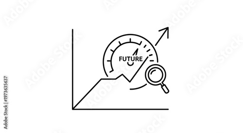 Business growth chart with speedometer and magnifying glass, concept of future analysis and success
