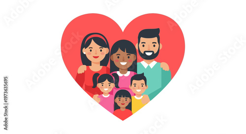 This flat design vector illustration beautifully captures a diverse family, including parents and children, warmly embraced within a heart shape, symbolizing unconditional love and unity. 