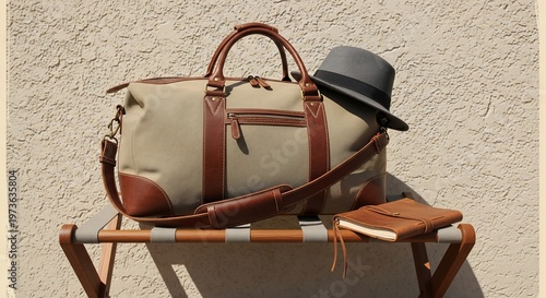 Stylish Travel: Duffle Bag, Hat, and Leather Journal on Luggage Rack