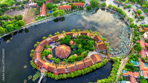Aerial view of Sampan rowing boat mooring in Ninh Binh, Vietnam.