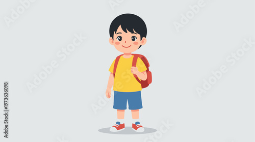 A bright and cheerful flat design illustration of a cute anime child with a wide smile, ready for adventure with a red backpack. Represents innocence and readiness.