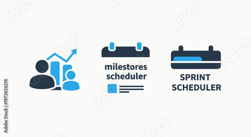 Business icons for project management, milestones, and sprint scheduling with analytics