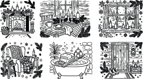 Hand drawn cozy winter cabin interior with fireplace candles window table bathrobe and boots vector line art illustration detailed rustic decoration black and white design