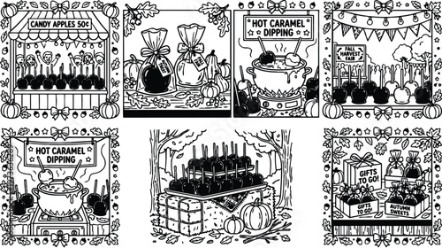 Black and white fall harvest fair scene with caramel dipped apples on sticks hay bales pumpkins autumn framed elements for seasonal celebration and gift packaging illustration