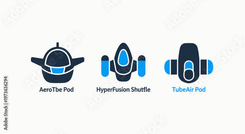 Three futuristic transport icons: aero pod, hyper fusion shuttle, tube air pod, sci fi, vehicle type