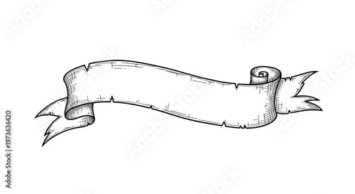 Vintage hand-drawn sketch of a long curled paper ribbon banner with tattered edges isolated on a plain white background.