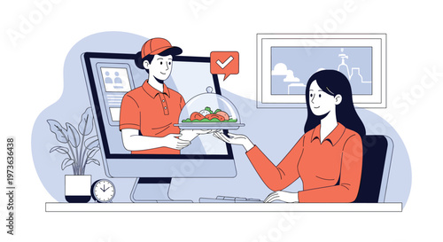 Modern online food delivery concept showing a woman receiving a meal through a computer monitor from a friendly courier.