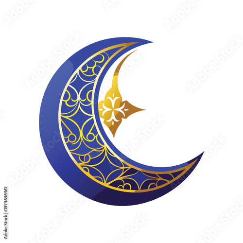 Blue crescent moon with ornate golden patterns and star, Islamic motif design