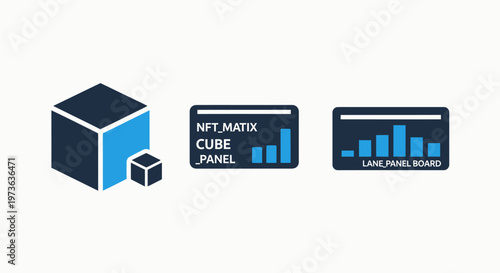 3D cube icons with data visualization panels: cube, nft data, and bar chart