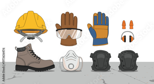 A set of essential safety items including a yellow helmet, brown gloves, glasses, a mask, boots, and black knee pads on a grey concrete floor surface area.