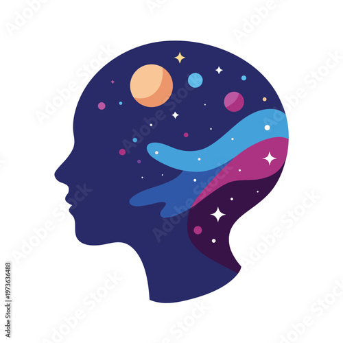 Human head silhouette with cosmic elements, representing imagination and knowledge