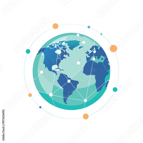 Global network connection illustration of planet earth with digital lines and orbiting nodes