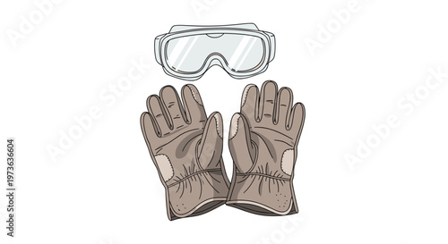 Protective tan leather work gloves rest neatly beneath clear safety goggles against a pristine white background in this clean industrial safety equipment.
