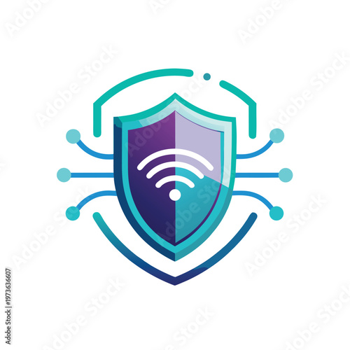 Security shield icon with wireless signal and circuit lines for cyber protection concept art