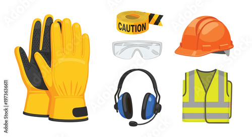A comprehensive collection of safety gear including yellow gloves, caution tape, safety glasses, an orange hard hat, and a reflective vest on white ground.
