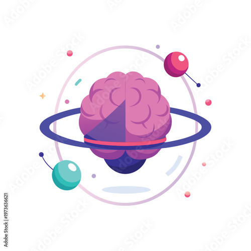 Stylized brain with planet ring and orbiting spheres vector illustration