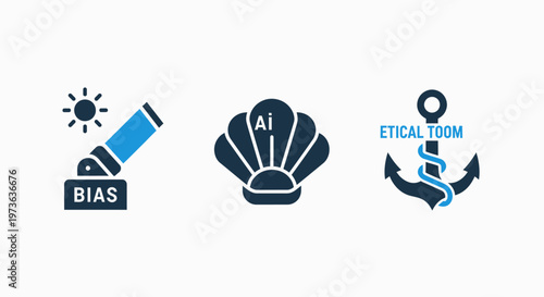 Abstract icons: bias, AI shell, and ethical anchor