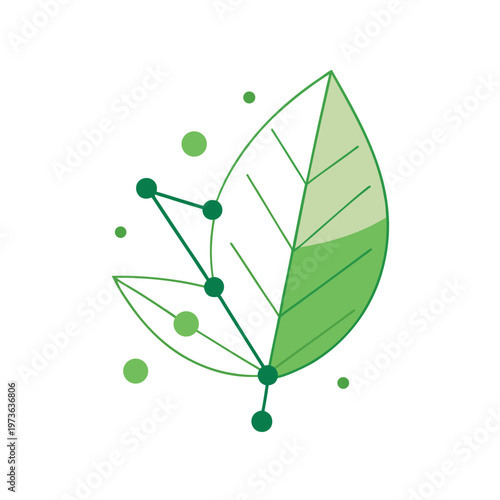 Abstract green leaf with connected dots and lines representing nature technology or biotechnology