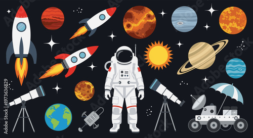 Large set of flat space-themed illustrations with astronauts, rockets, planets, telescopes, and lunar rovers in the galaxy.