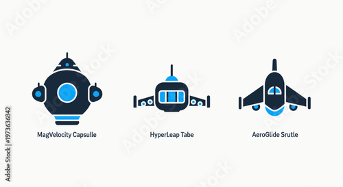Futuristic transport icons depicting meg velocity capsule, hyper loop cube, and aero slide shuttle concepts on a white background