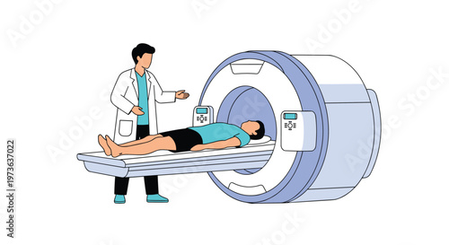 Medical professional performing an MRI scan on a patient in a hospital diagnostic room using advanced medical equipment.