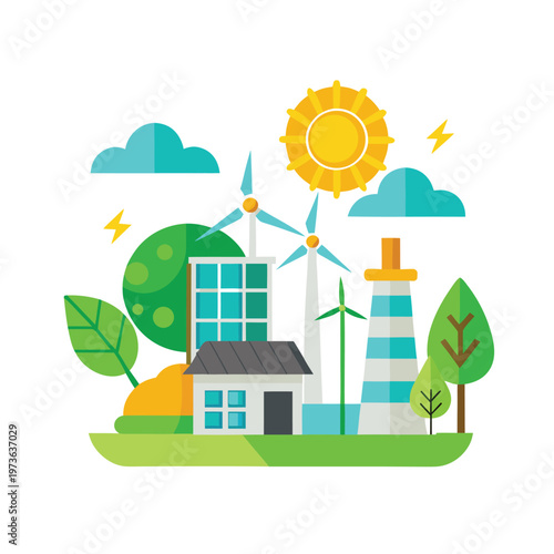 Eco-friendly city with renewable energy sources like solar power and wind turbines contributing to green living.