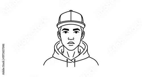 young man in a hoodie and cap a minimalist line art portrait for modern profile icons or youth-focused designs.