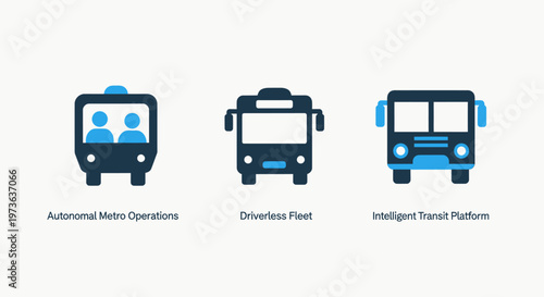Set of three blue and dark bus icons for public transportation