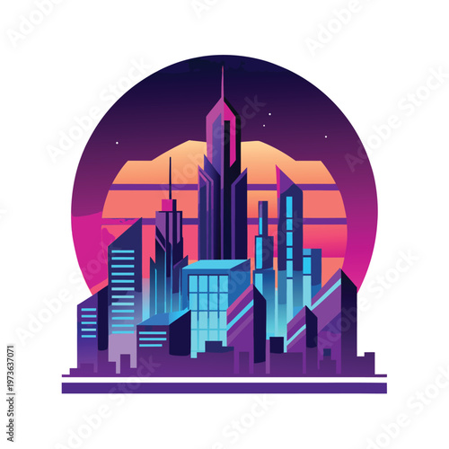 Retro cityscape at sunset with geometric skyscrapers and vibrant neon lights, symbolizing futuristic urban environments.