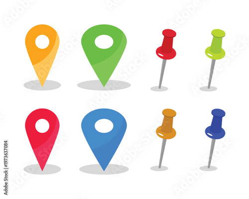 Colorful map markers and push pins displayed on a white background
