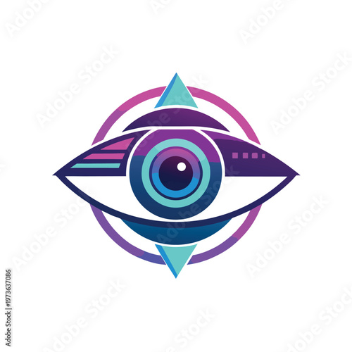 Stylized eye symbol with abstract geometric patterns and vibrant gradients representing vision and digital surveillance.