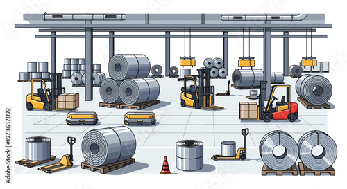 Large warehouse interior features multiple yellow forklifts and automated robots moving stacked metal coils across a spacious industrial storage facility.