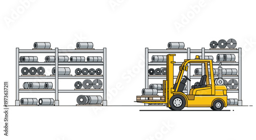 Yellow forklift places a heavy metal coil onto a sturdy metal shelving rack in a clean industrial warehouse setting with organized inventory storage.