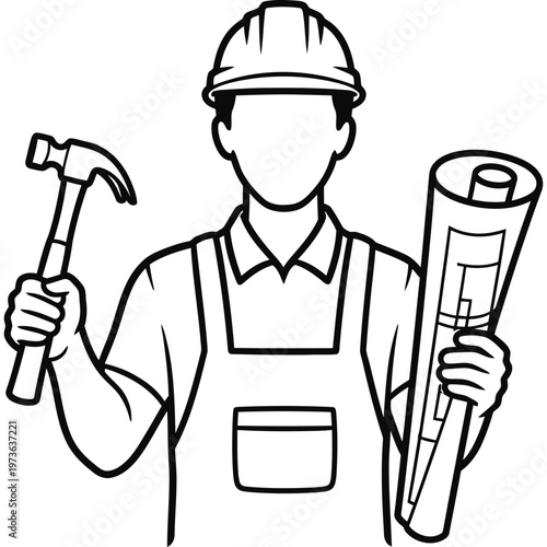 construction worker holding hammer and blueprint a builder icon symbolizing skilled labor planning and the building industry.
