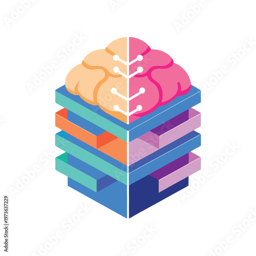 Isometric brain cube structure merging biological anatomy with artificial data server storage
