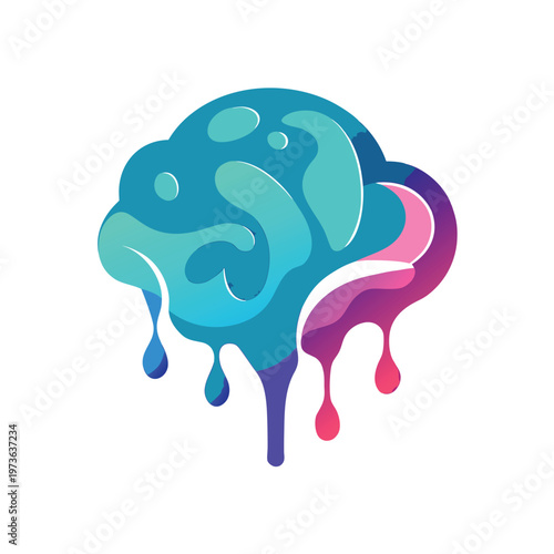 Melting human brain icon with dripping liquid colors representing mental burnout and fatigue